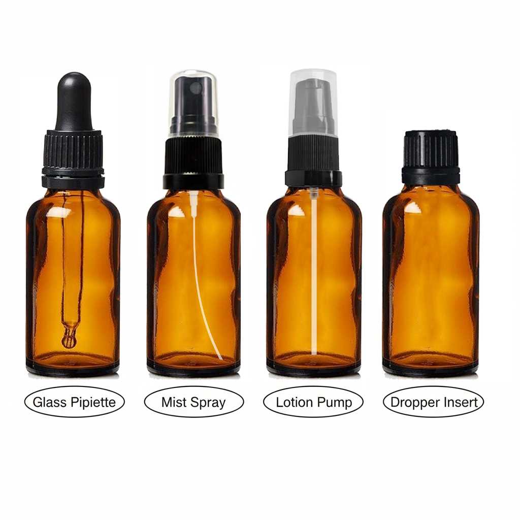 Amber Glass Boston Dropper Bottles 18mm | with Atomiser Spray / Lotion Pump / Glass Pipette / Dropper Insert