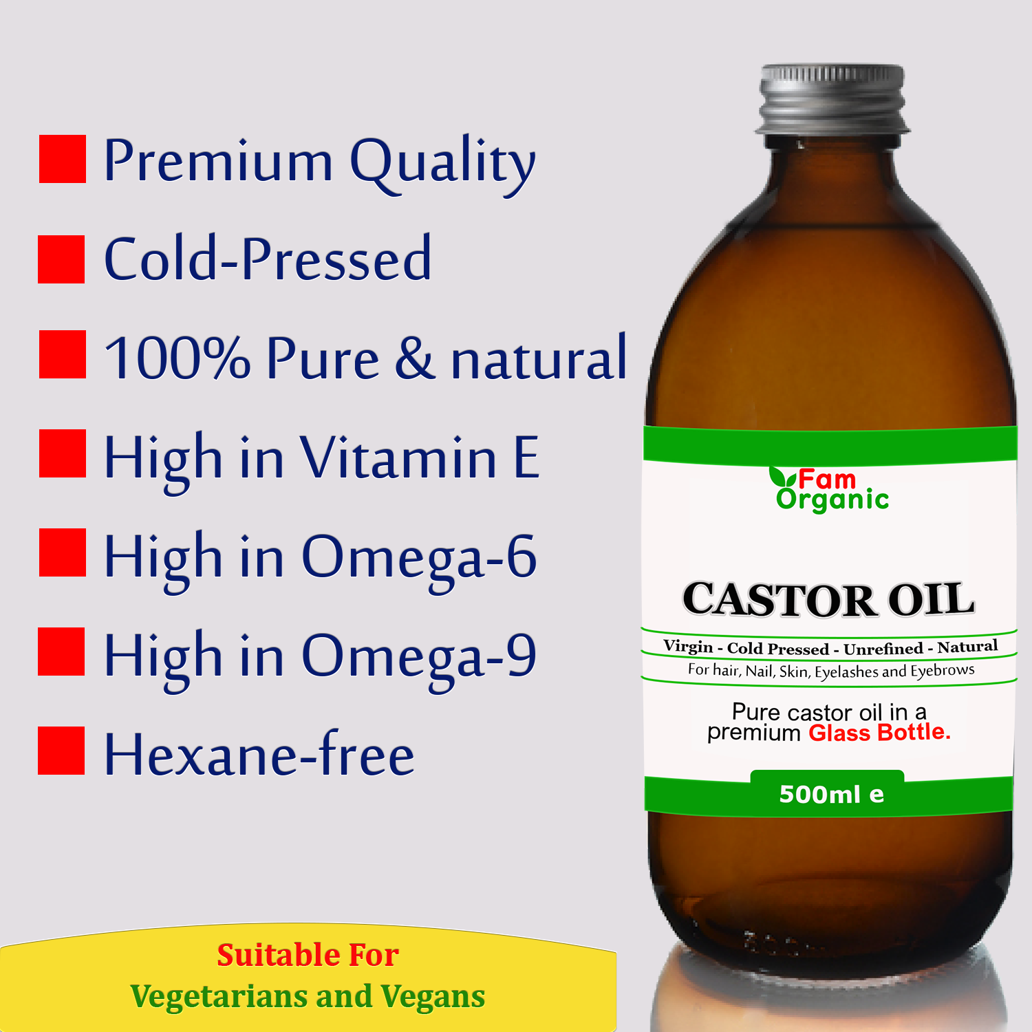 100% Natural Cold Pressed Castor Oil | Hexane-Free | Glass Bottle